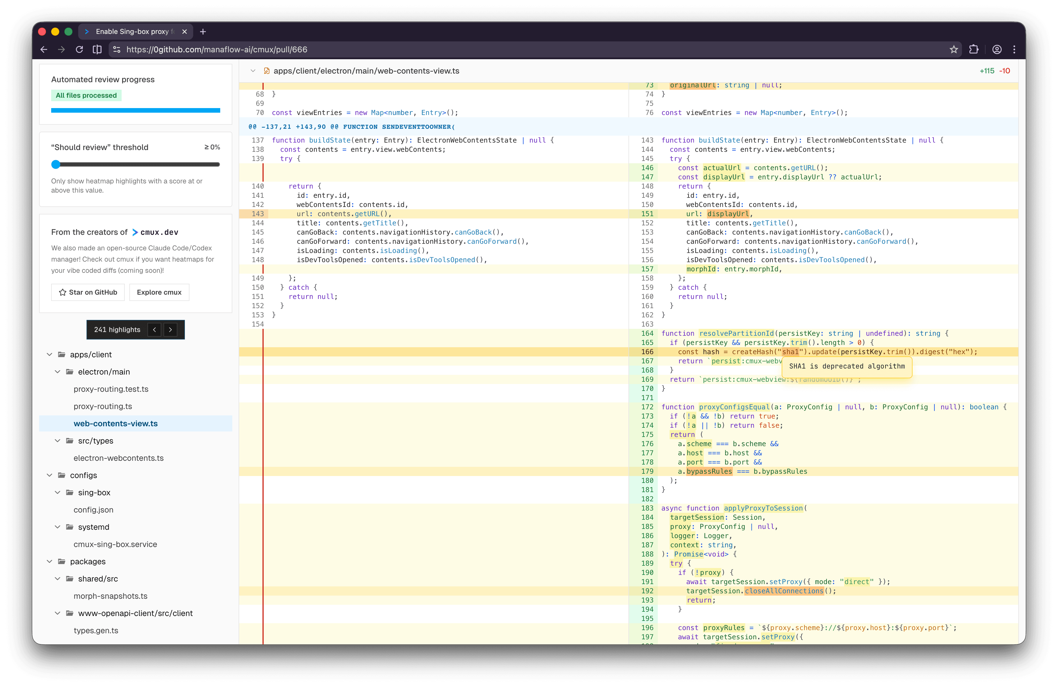 Heatmap diff viewer example showing color-coded code changes